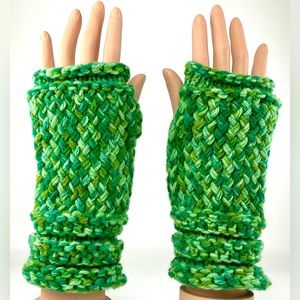 Hand Knitted Green Women's Fingerless Mittens Gloves for Driving Texting